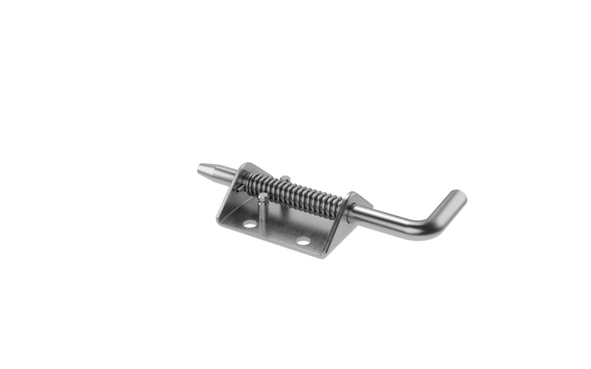 A silver-colored spring bolt with a short throw design, made of mild steel with a zinc plating.