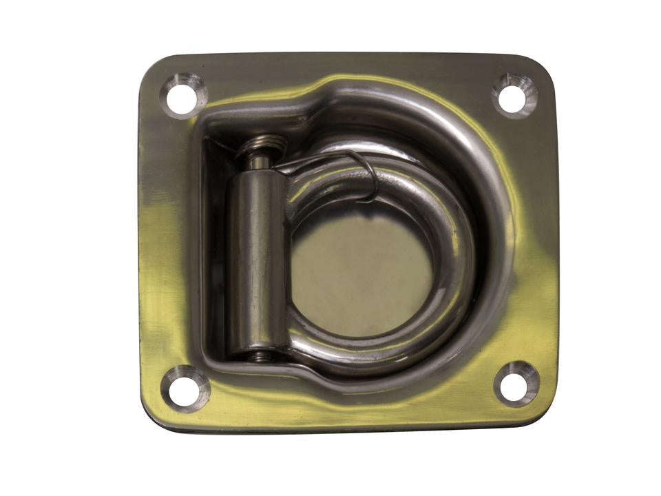 A zinc plated, mild steel lashing ring with a recessed design mounted on a flat surface.