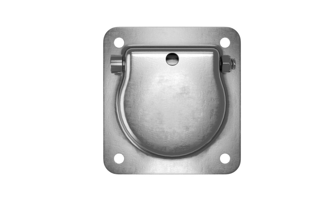A zinc plated, mild steel lashing ring with a recessed design mounted on a flat surface.