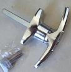 A chrome-plated T-handle with a keyed rear fixing, displayed on a light background, accompanied by a small package of fasteners.