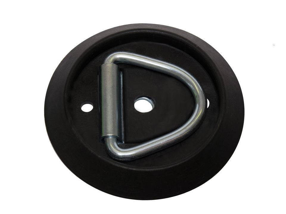 A single zinc plated steel low profile floor lashing ring with a triangular shape and a single bolt fixing point.