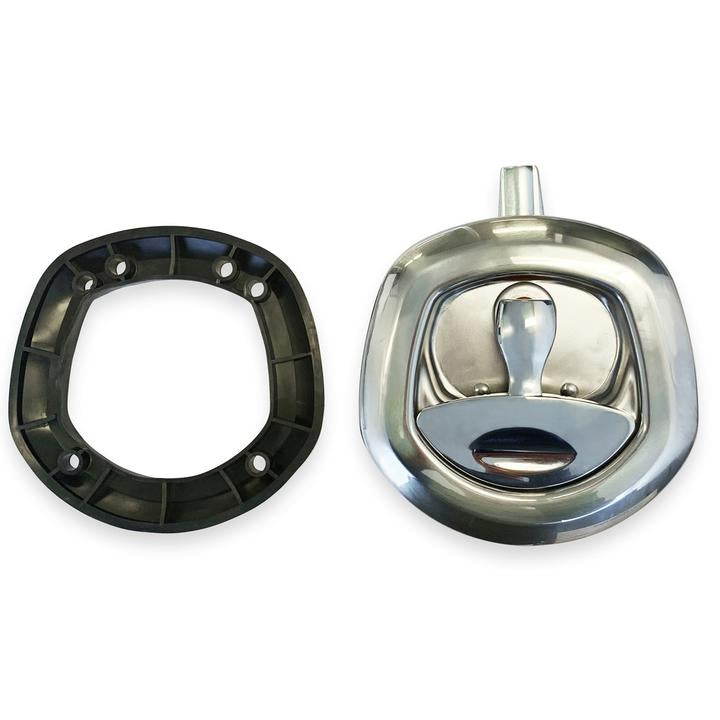 A chrome-plated key with a whale tail compression lock mechanism.