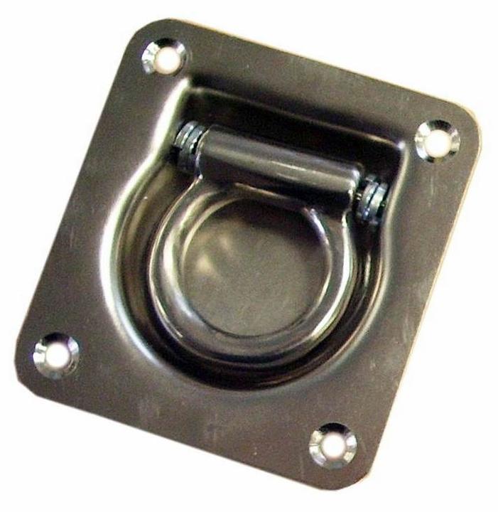 A zinc plated, mild steel lashing ring with a recessed design mounted on a flat surface.