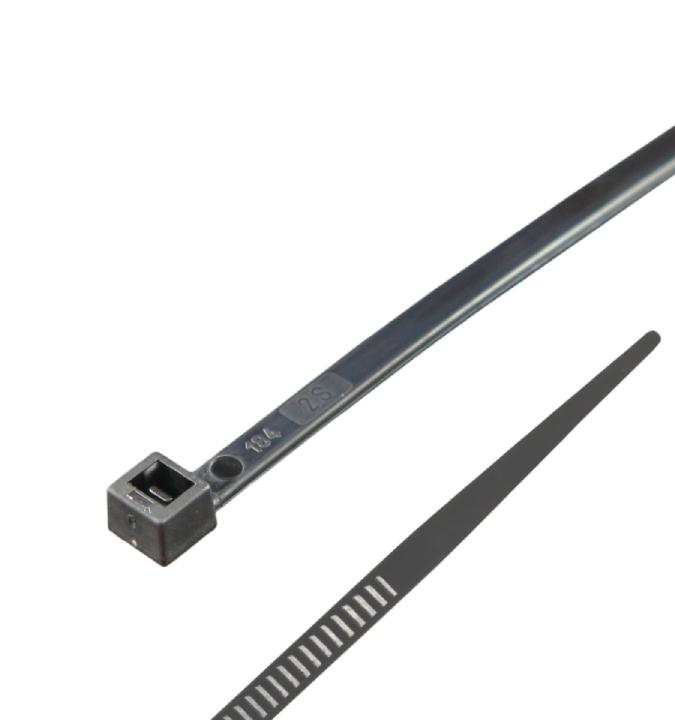 A black cable tie with a metallic twist tie mechanism, 200mm x 7.6mm in size.