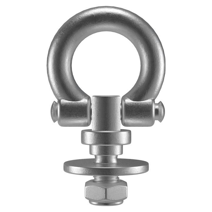 A metal lashing ring with an eye bolt type attachment, silver in color, used for securing or lashing materials.