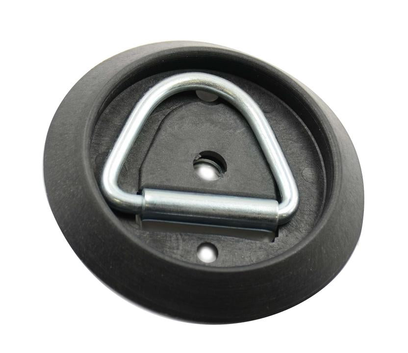 A single zinc plated steel low profile floor lashing ring with a triangular shape and a single bolt fixing point.