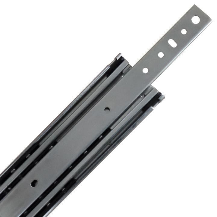 A pair of black, metal non-locking drawer slides, with visible stainless steel ball bearings and a zinc plated body.