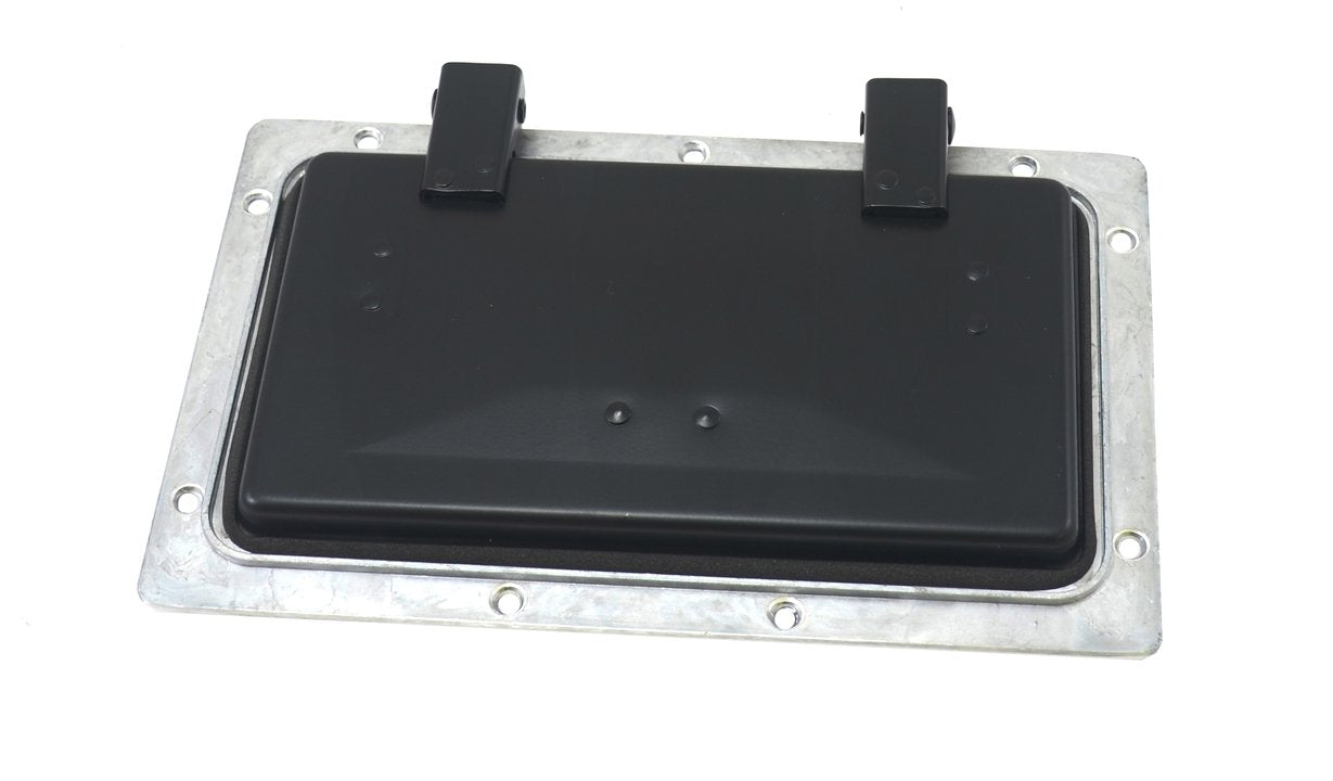 A black pop-up vent with a metal frame, viewed from a slightly elevated angle against a plain background.