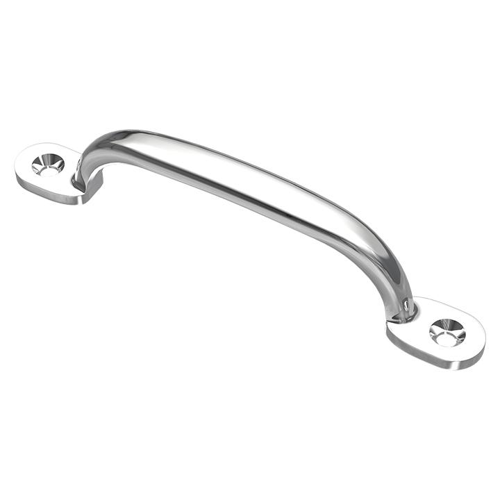 A silver chrome plated grab handle with two mounting holes on either end.