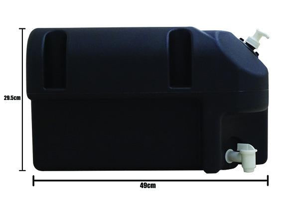 A 25-liter black polyethylene water tank with a tap and a soap dispenser.