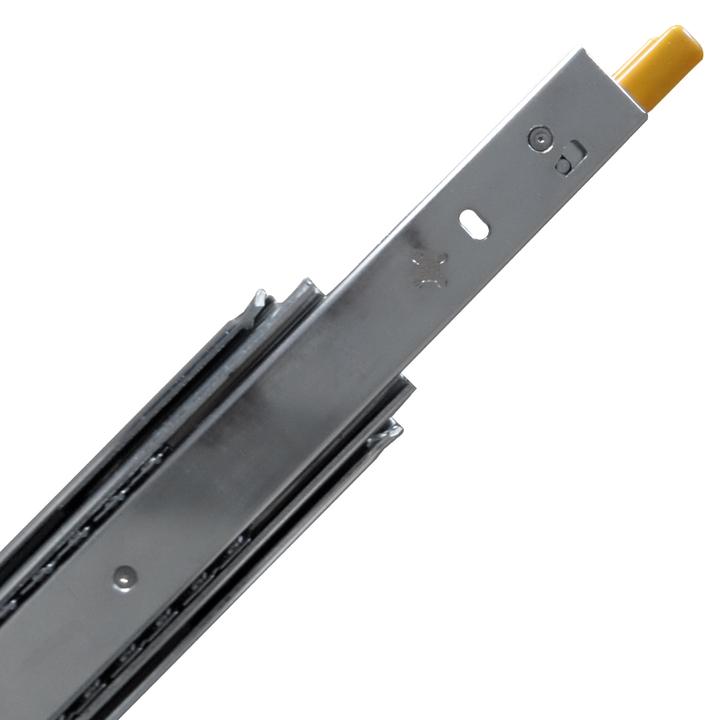 A pair of locking drawer slides made of metal with a zinc plated body and stainless steel ball bearings, partially extended.