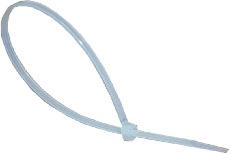 A white cable tie with a metallic twist tie mechanism, 360mm x 7.5mm in size.