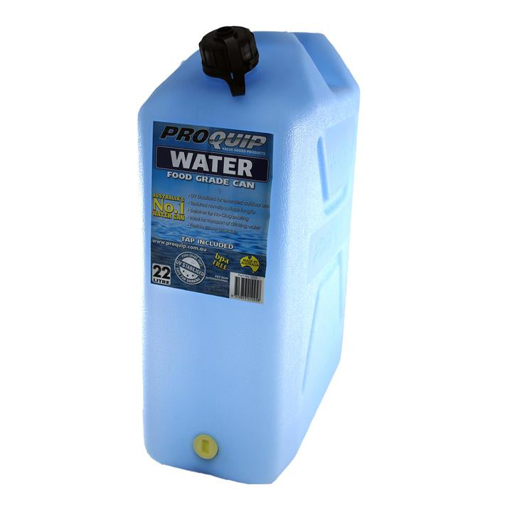 A light blue water jerry can with a black pourer, labeled 'PRO-QUIP WATER FOOD GRADE CAN' with a capacity of 22 liters.