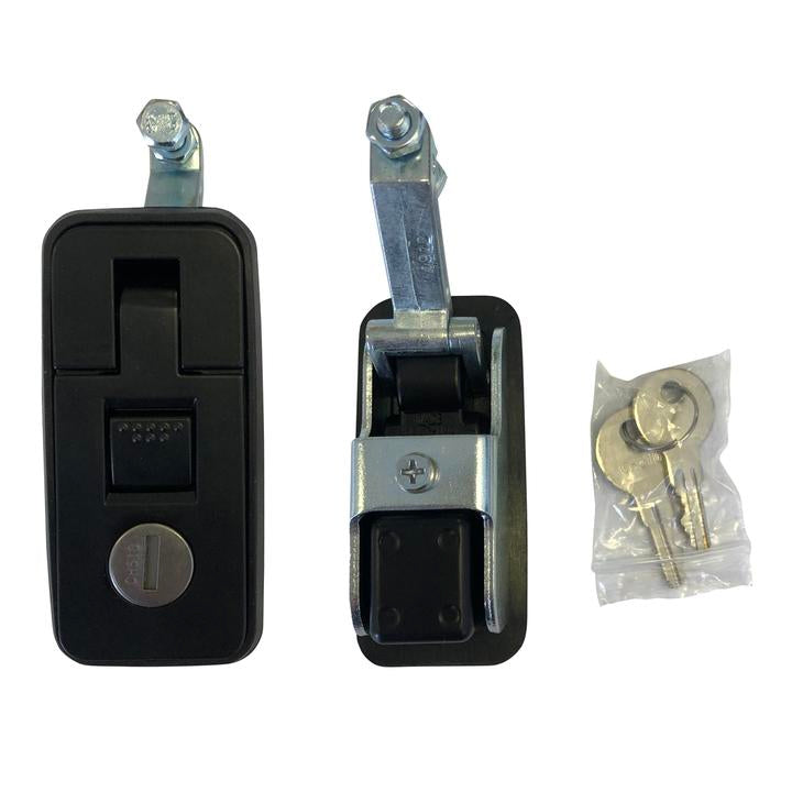 A black compression lock with a key, designed for securing tool boxes and similar items.