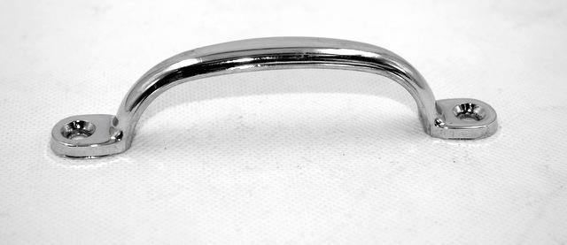 A silver chrome plated grab handle with two mounting holes on either end.