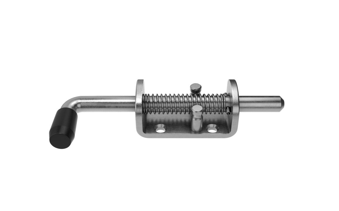 A silver-colored spring bolt with a zink plated finish and a black handle.