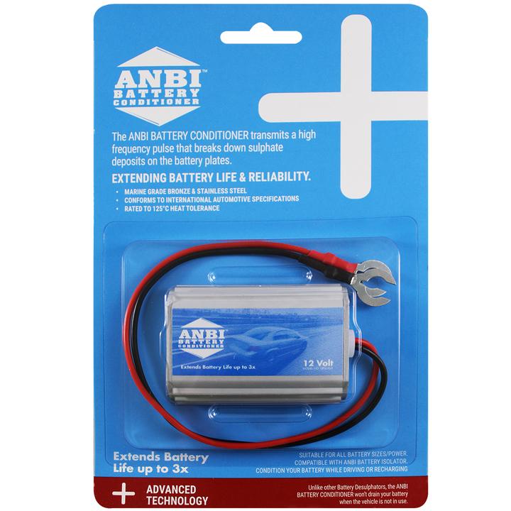 ANBI Battery Conditioner in packaging, designed to extend battery life and reliability, with visible blue and black battery components.