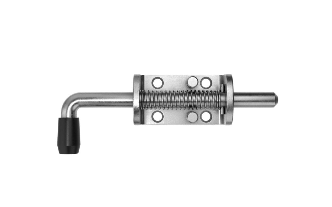 A silver-colored spring bolt with a zink plated finish and a black handle.