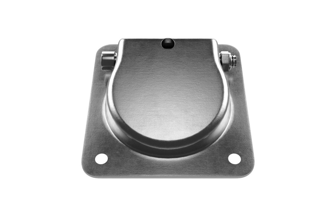 A zinc plated, mild steel lashing ring with a recessed design mounted on a flat surface.