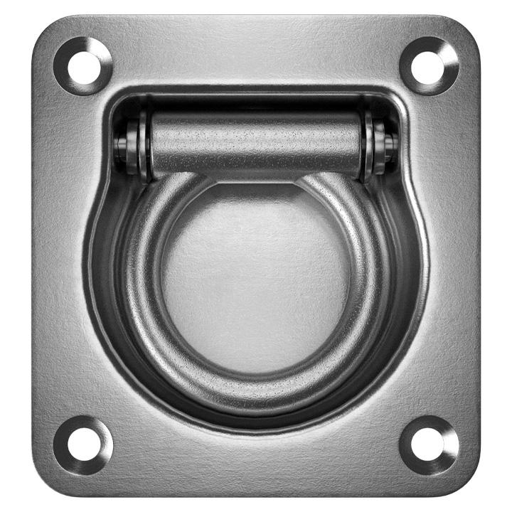 A zinc plated, mild steel lashing ring with a recessed design mounted on a flat surface.