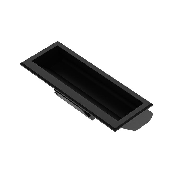 Black recessed flush pull handle for doors made of ABS plastic.