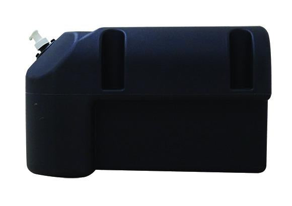 A 25-liter black polyethylene water tank with a tap and a soap dispenser.