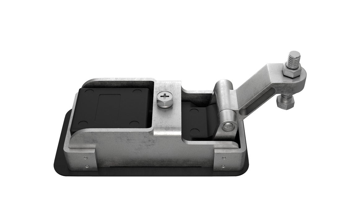 A large black compression lock with a rubber gasket seal and a metallic mechanism, designed for use on tool boxes, caravans, and truck bodies.