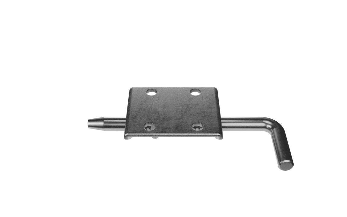 A silver-colored spring bolt with a short throw design, made of mild steel with a zinc plating.