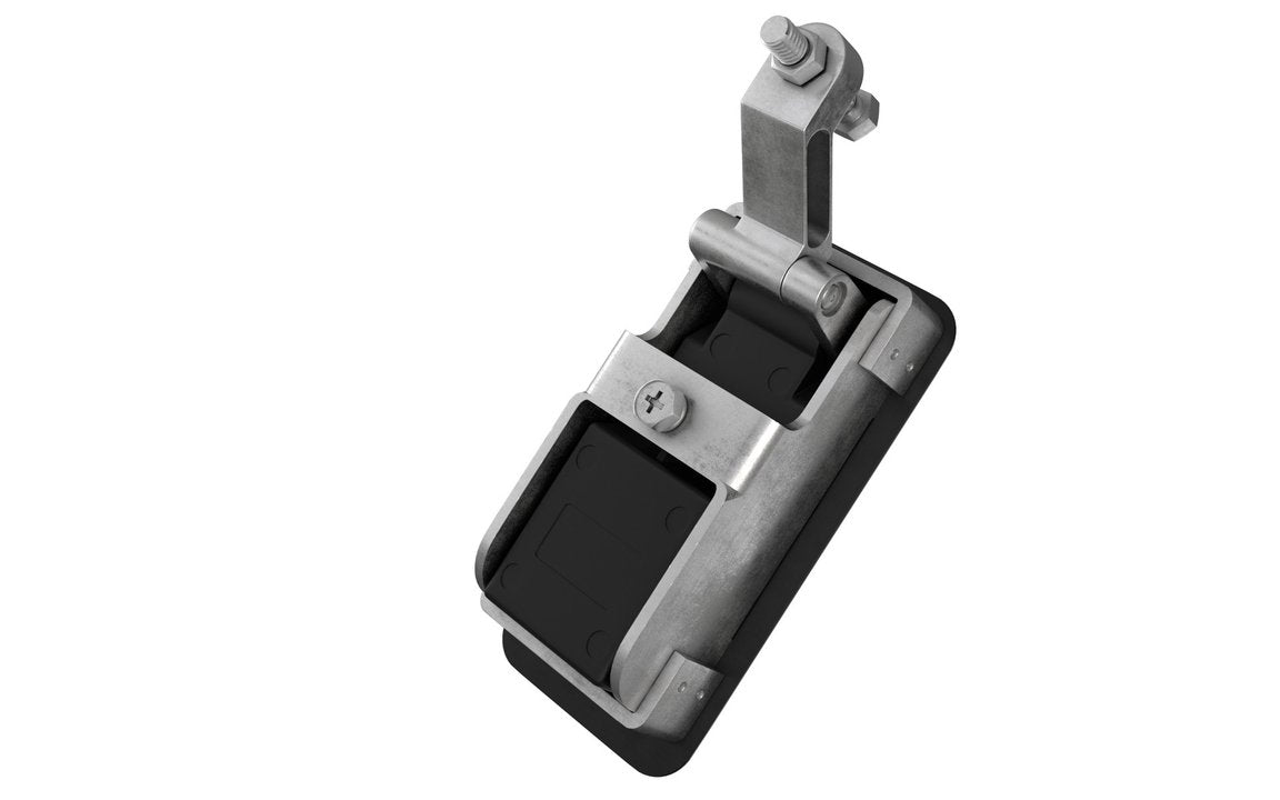 A large black compression lock with a rubber gasket seal and a metallic mechanism, designed for use on tool boxes, caravans, and truck bodies.