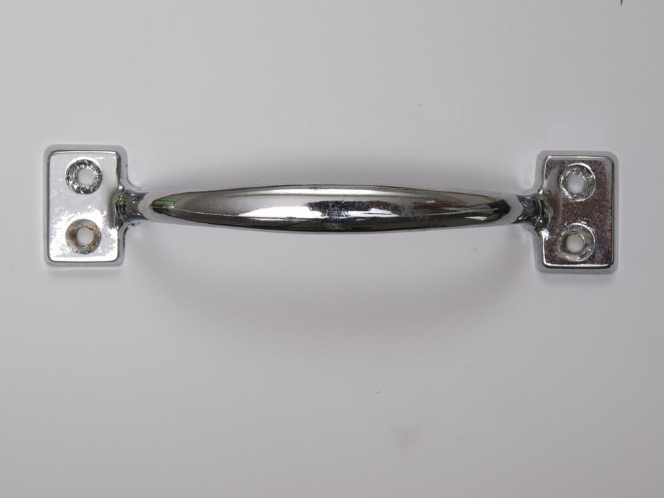 A silver-colored chrome-plated grab 'D' handle with four fixing holes.