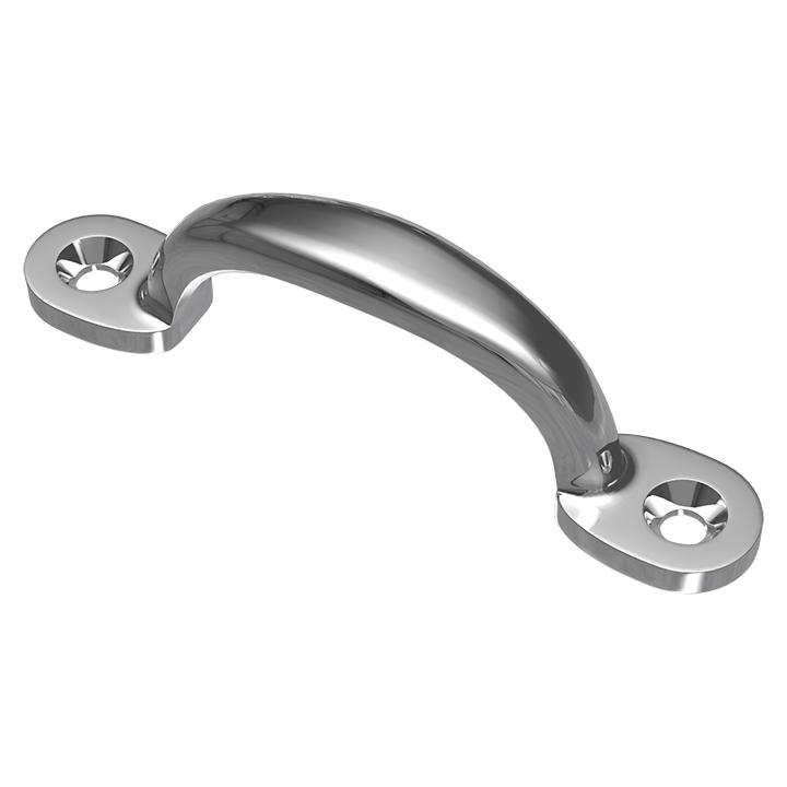 A silver metal door handle or pull handle with a curved design, featuring two mounting holes on its respective ends.