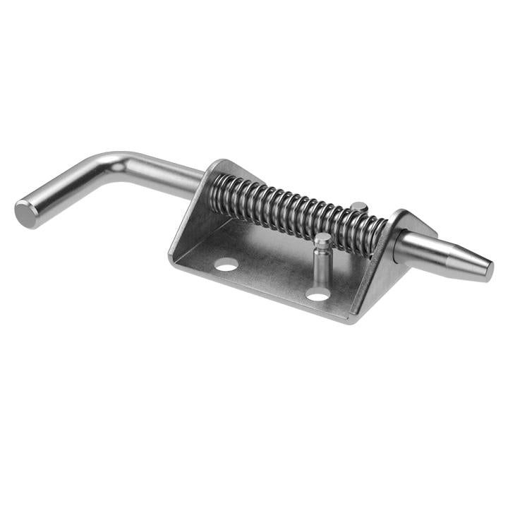 A silver-colored spring bolt with a short throw design, made of mild steel with a zinc plating.
