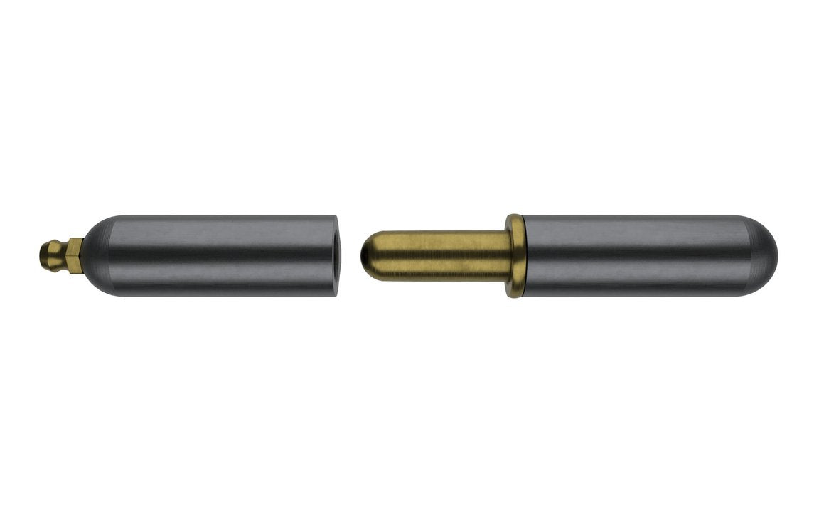 A steel pintle bullet hinge with a brass pin, showing a side-on profile.