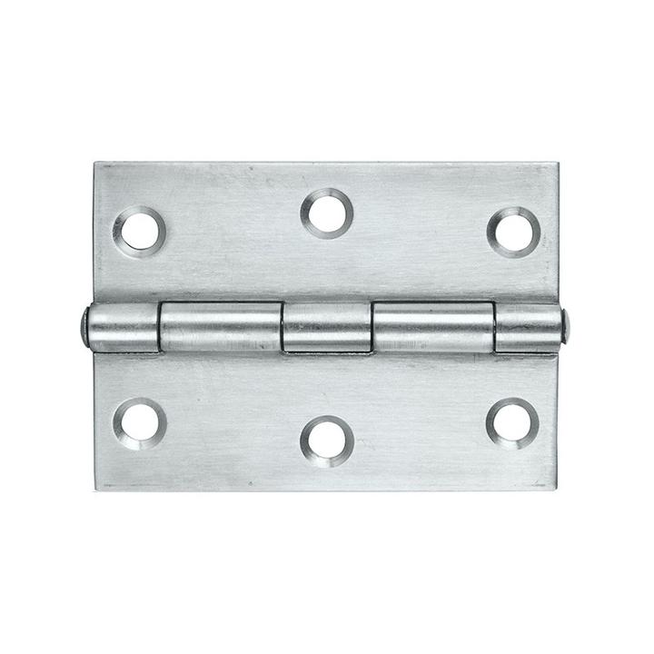 A stainless steel butt hinge measuring 70mm x 50mm x 1.6mm, with a satin finish and a fixed pin design.