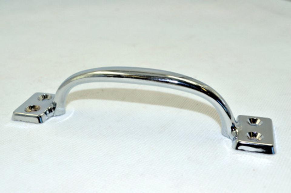 A silver-colored chrome-plated grab 'D' handle with four fixing holes.
