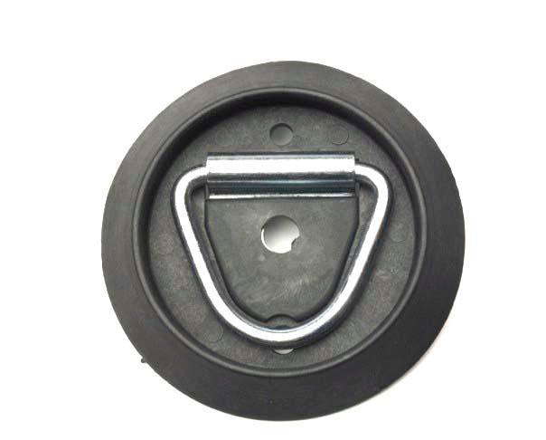 A single zinc plated steel low profile floor lashing ring with a triangular shape and a single bolt fixing point.