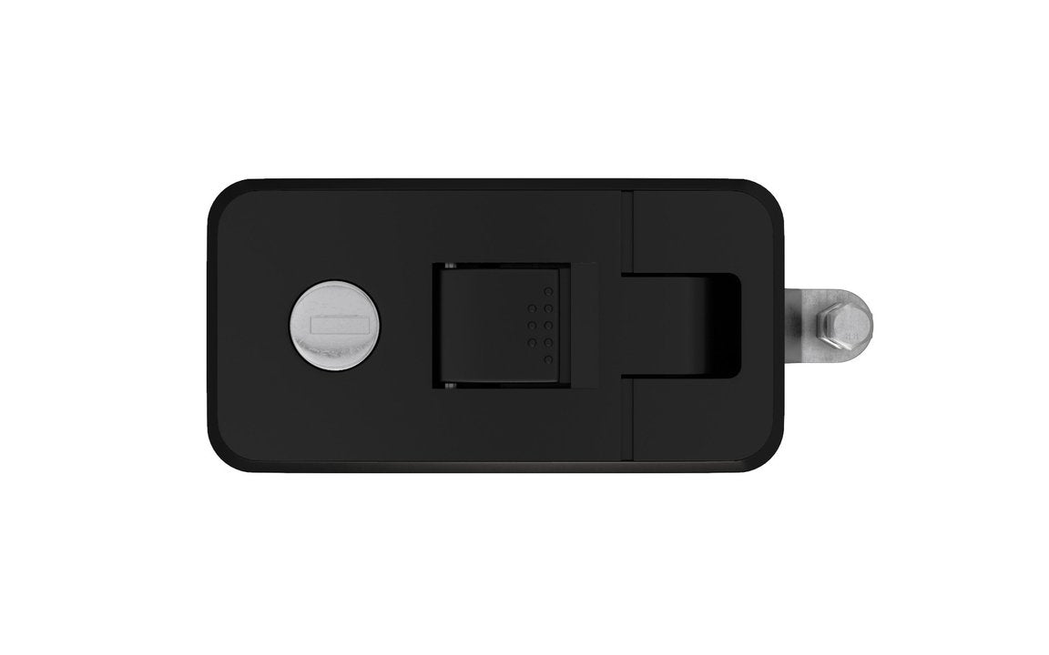 A large black compression lock with a rubber gasket seal and a metallic mechanism, designed for use on tool boxes, caravans, and truck bodies.