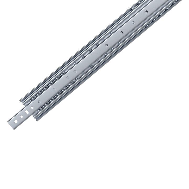 Non-locking light duty drawer slide made of metal with a zinc plated body and stainless steel ball bearings, in a fully extended state.