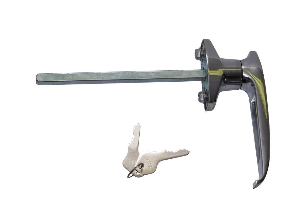 A chrome-plated T-handle with a keyed rear fixing, displayed on a light background, accompanied by a small package of fasteners.