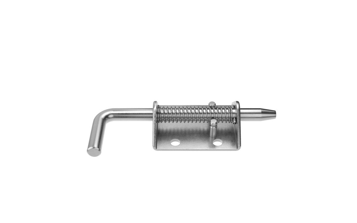 A silver-colored spring bolt with a short throw design, made of mild steel with a zinc plating.