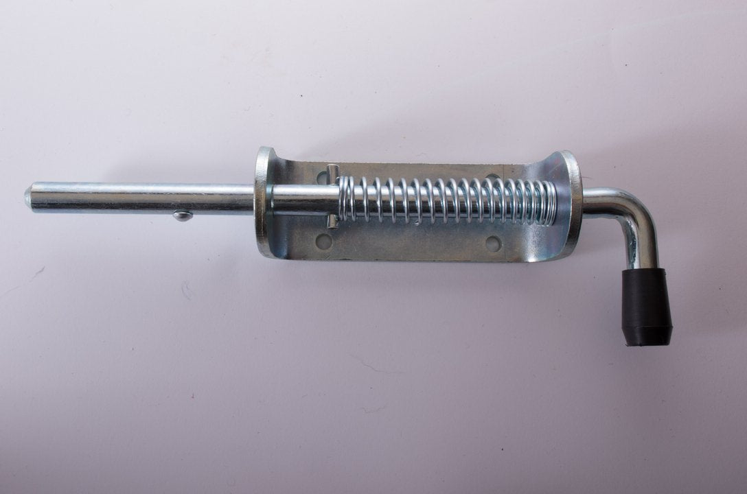 A silver-colored spring bolt with a zink plated finish and a black handle.