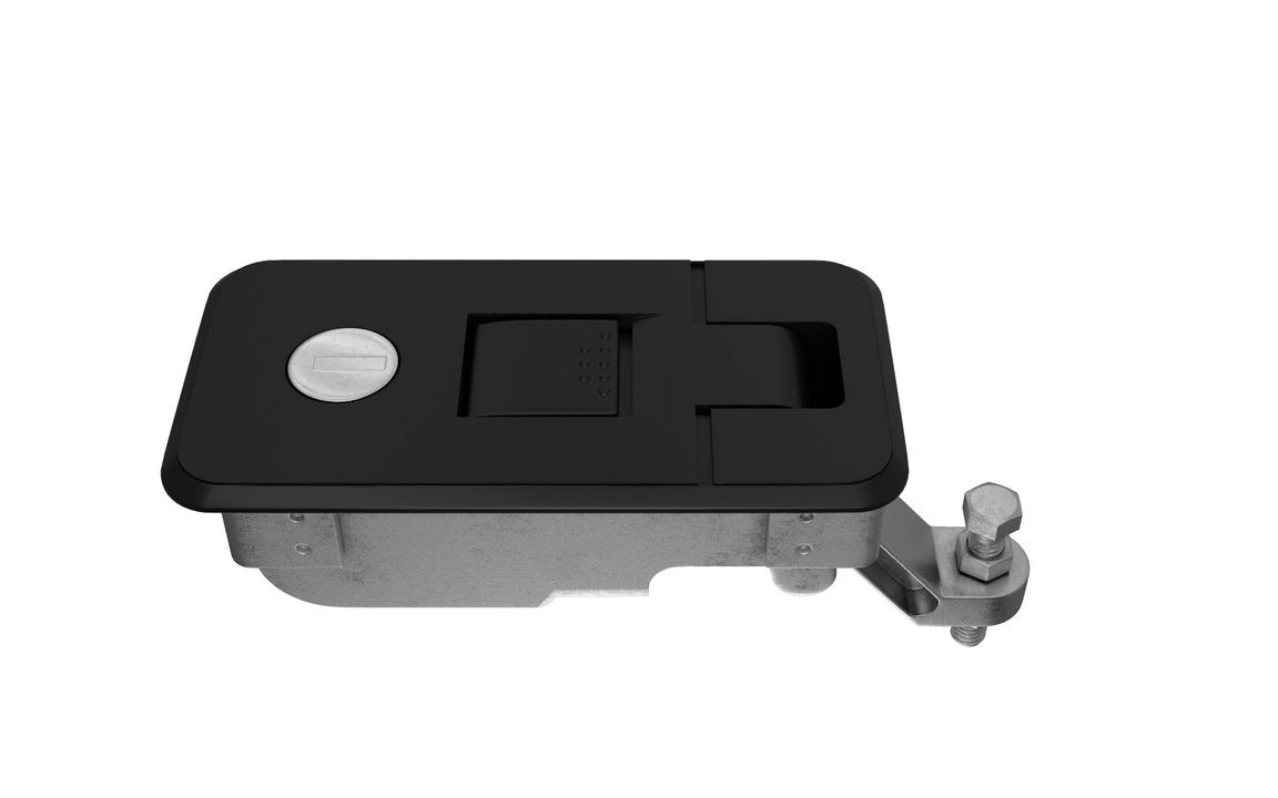 A large black compression lock with a rubber gasket seal and a metallic mechanism, designed for use on tool boxes, caravans, and truck bodies.