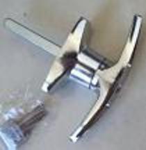 A chrome-plated T-handle with a keyed rear fixing, displayed on a light background, accompanied by a small package of fasteners.