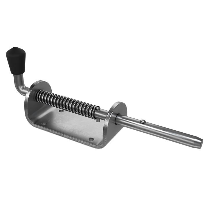 A silver-colored spring bolt with a zink plated finish and a black handle.