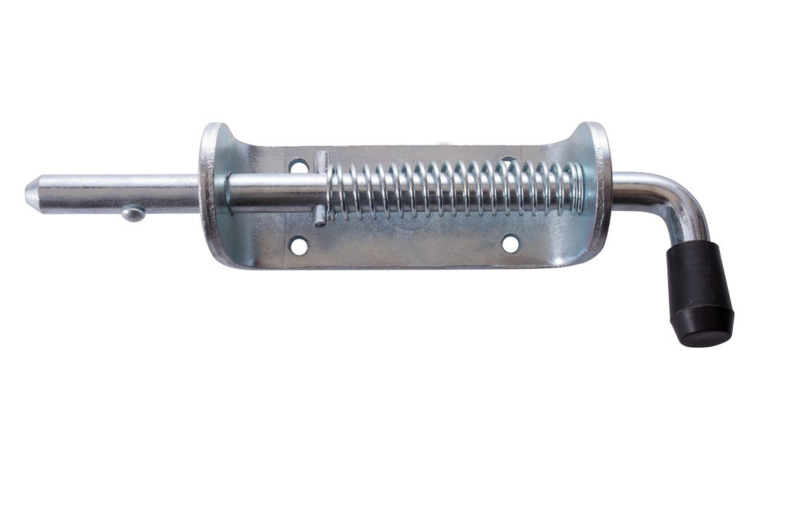 A silver-colored spring bolt with a zink plated finish and a black handle.