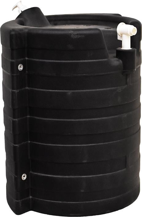 A black polyethylene water tank with a capacity of 50 liters, featuring a tap and soap dispenser.