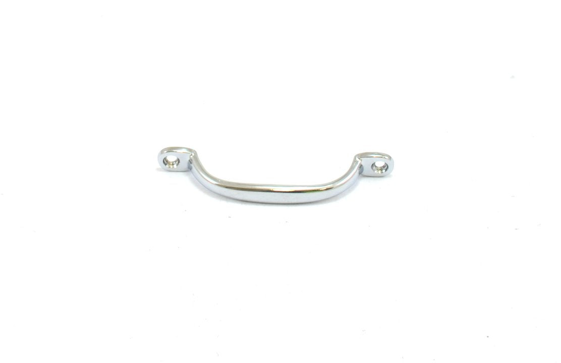 A silver metal door handle or pull handle with a curved design, featuring two mounting holes on its respective ends.