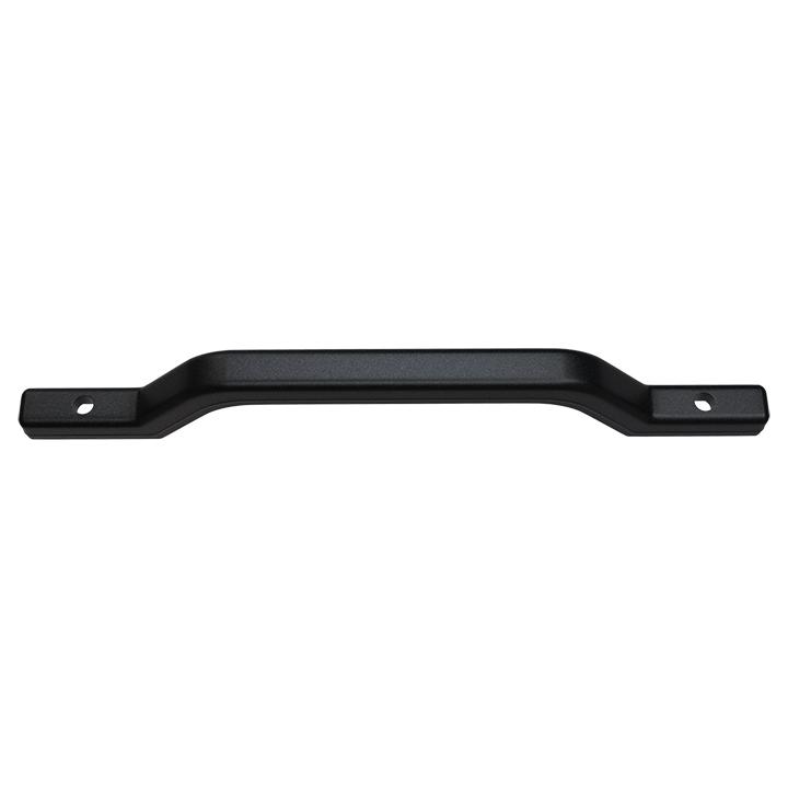 Black plastic grab handle with recessed and slotted holes for mounting