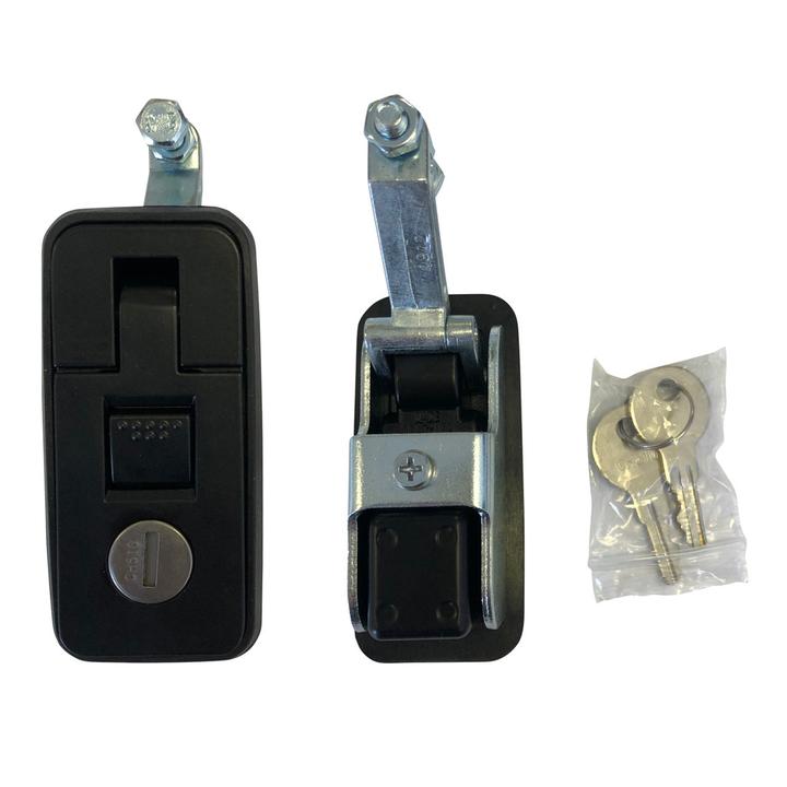 A black compression lock with a key, designed for securing tool boxes and similar items.