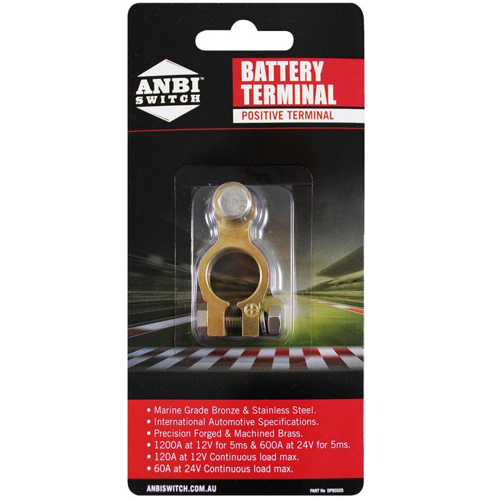 Packaging of ANBI Battery Terminal - Positive, displaying the product through a clear plastic window, with red and black color theme and track details in the background.